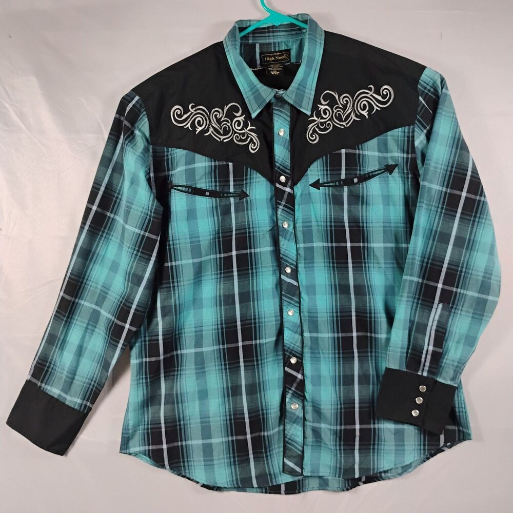 High Noon Western Shirt Mens XL Teal Blue Black Plaid Pearl Snap Long Sleeve